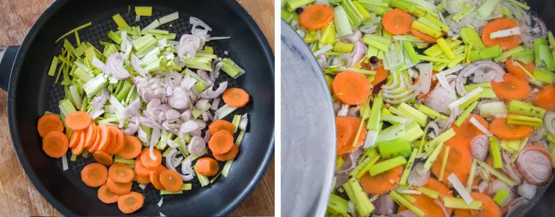 Préparation des légumes pour la cuisson des maquereaux