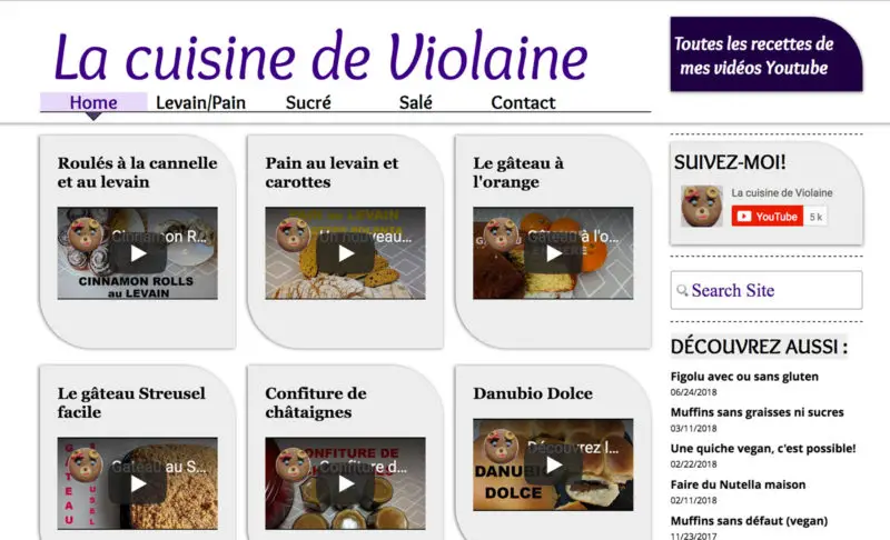 La page d'accueil du blog de vidéos culiniares de Violaine