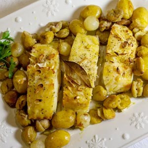 Recette de Pavés de morue rôtis aux châtaignes de Line Lisbonne et Cie