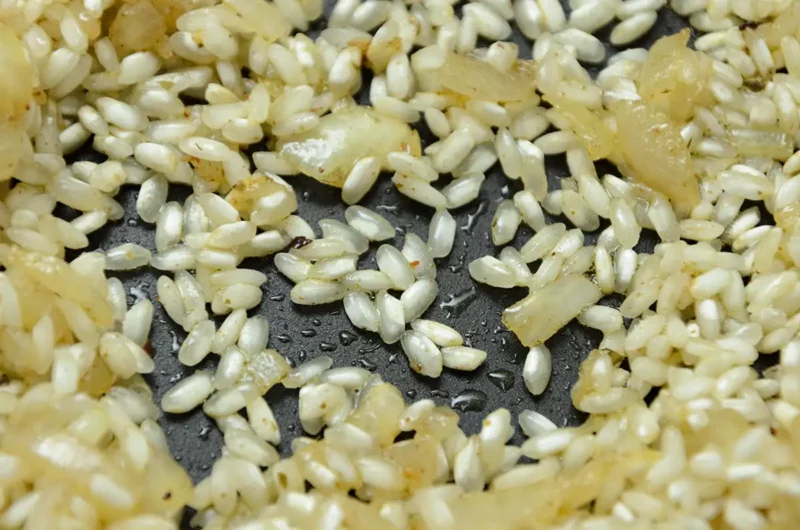 Les grains de riz transparents du risotto